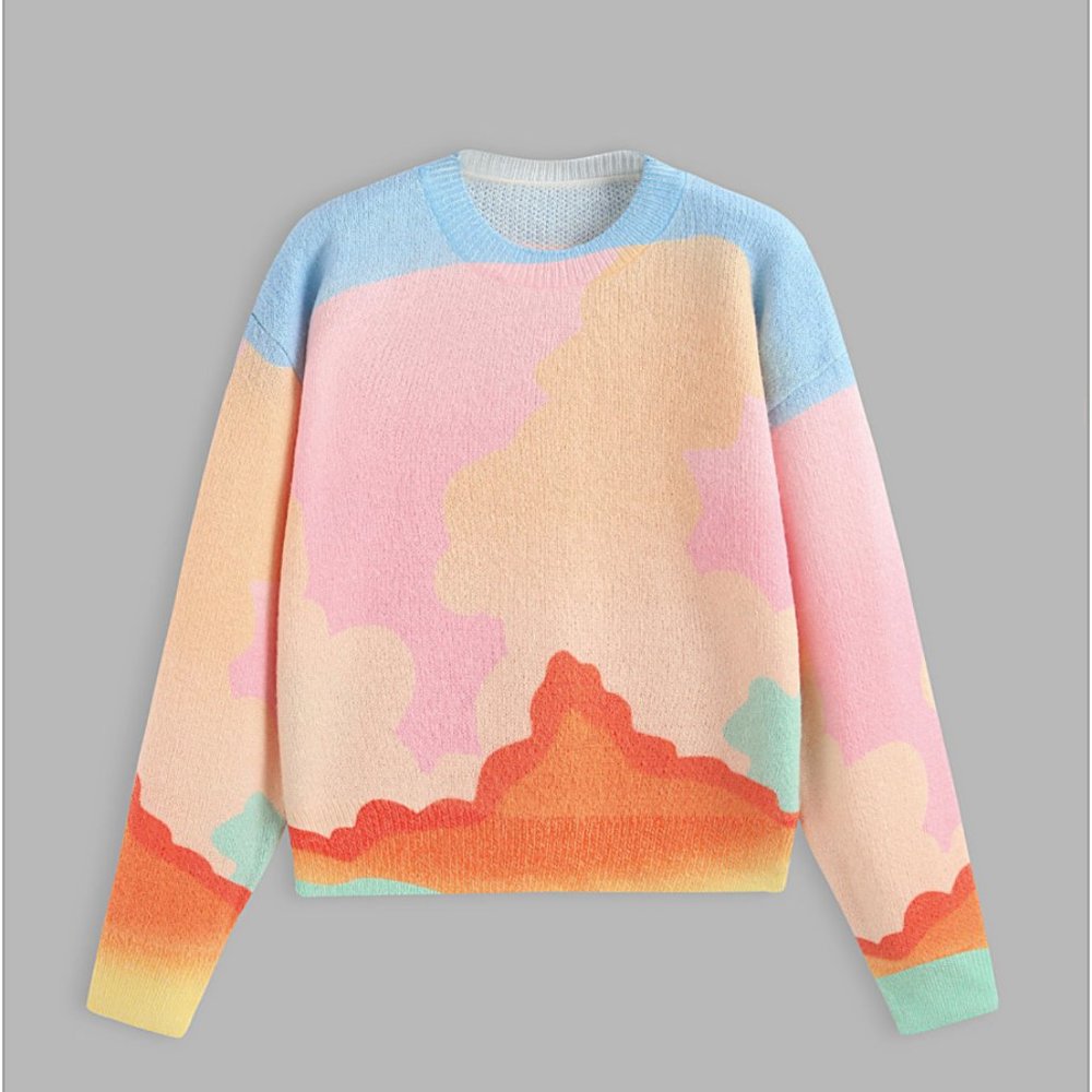 Cider Pastel Wool-blend Patchy Rainbow Long Sleeve Sweater